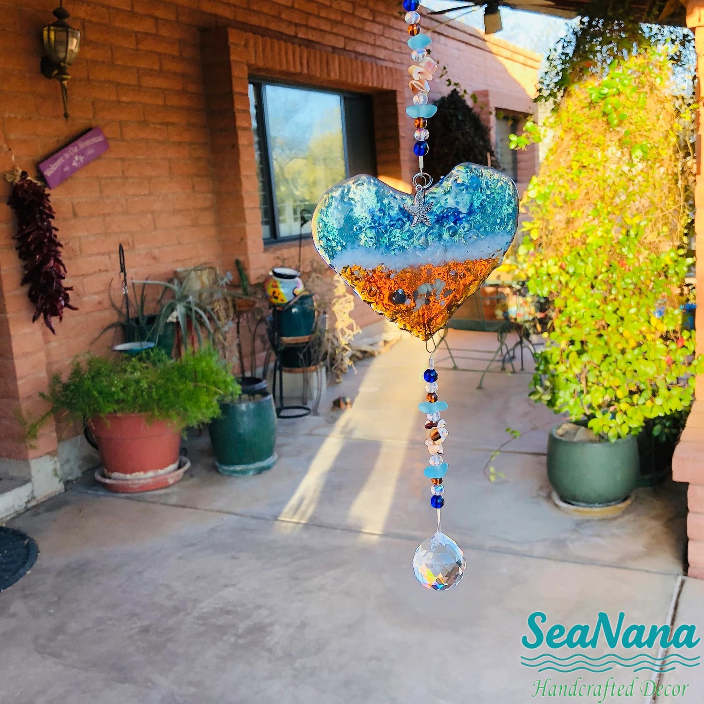 Ocean-Heart-Beach Suncatcher-Turquoise-Starfish-Seashells-Glass-Prism