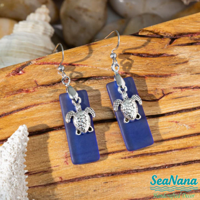 Beach Sea Glass Earrings Blue Silver Starfish Pierced Hooks Turquoise Dangles