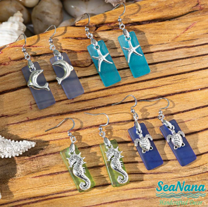 Beach Sea Glass Earrings Blue Silver Starfish Pierced Hooks Turquoise Dangles