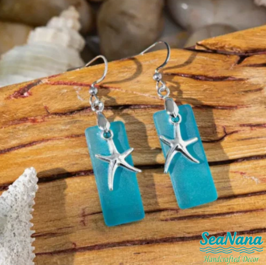 Beach Sea Glass Earrings Blue Silver Starfish Pierced Hooks Turquoise Dangles