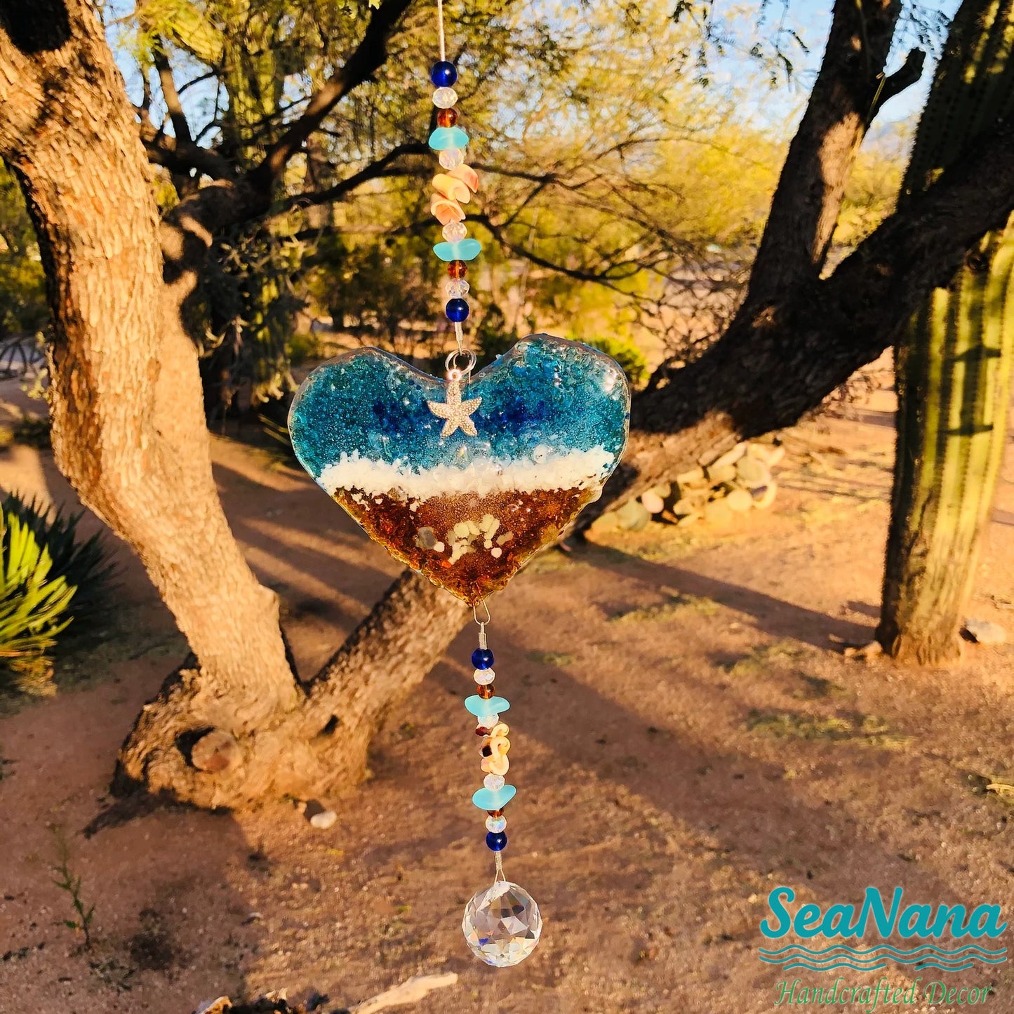 Ocean-Heart-Beach Suncatcher-Turquoise-Starfish-Seashells-Glass-Prism