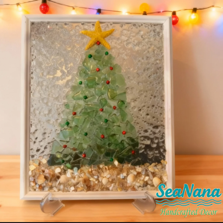 🎄Handcrafted Sea Glass Christmas Tree Art– Coastal Charm with Luxe Beachy Festive Flair🎄