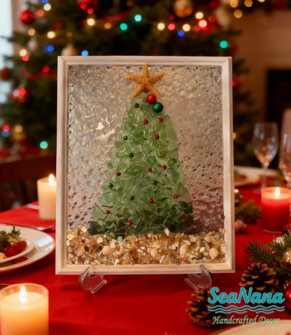 🎄Handcrafted Sea Glass Christmas Tree Art– Coastal Charm with Luxe Beachy Festive Flair🎄