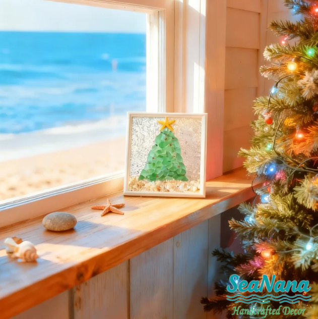 🎄Handcrafted Sea Glass Christmas Tree Art– Coastal Charm with Luxe Beachy Festive Flair🎄