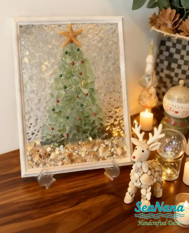 🎄Handcrafted Sea Glass Christmas Tree Art– Coastal Charm with Luxe Beachy Festive Flair🎄