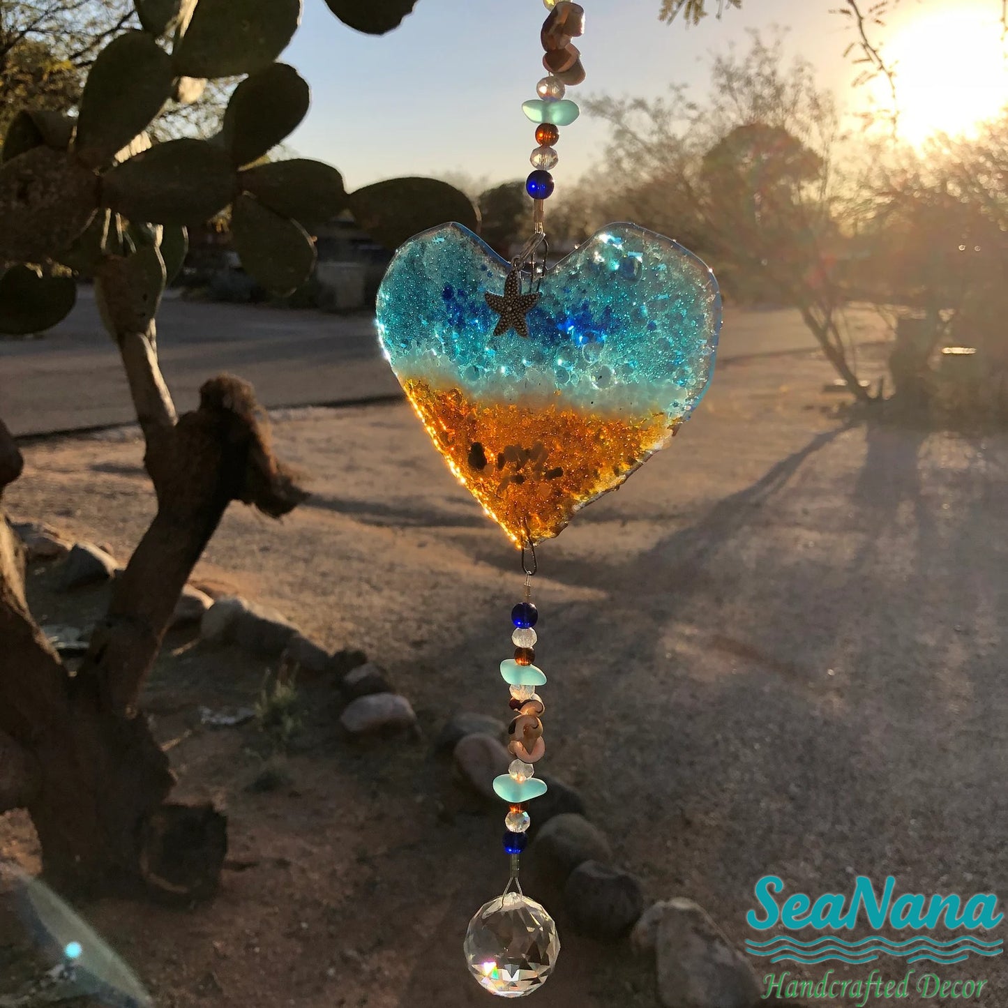 Ocean-Heart-Beach Suncatcher-Turquoise-Starfish-Seashells-Glass-Prism