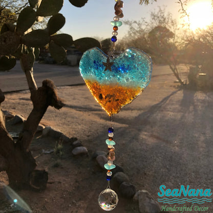 Ocean-Heart-Beach Suncatcher-Turquoise-Starfish-Seashells-Glass-Prism