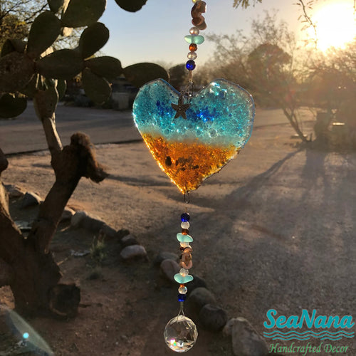 Ocean-Heart-Beach Suncatcher-Turquoise-Starfish-Seashells-Glass-Prism