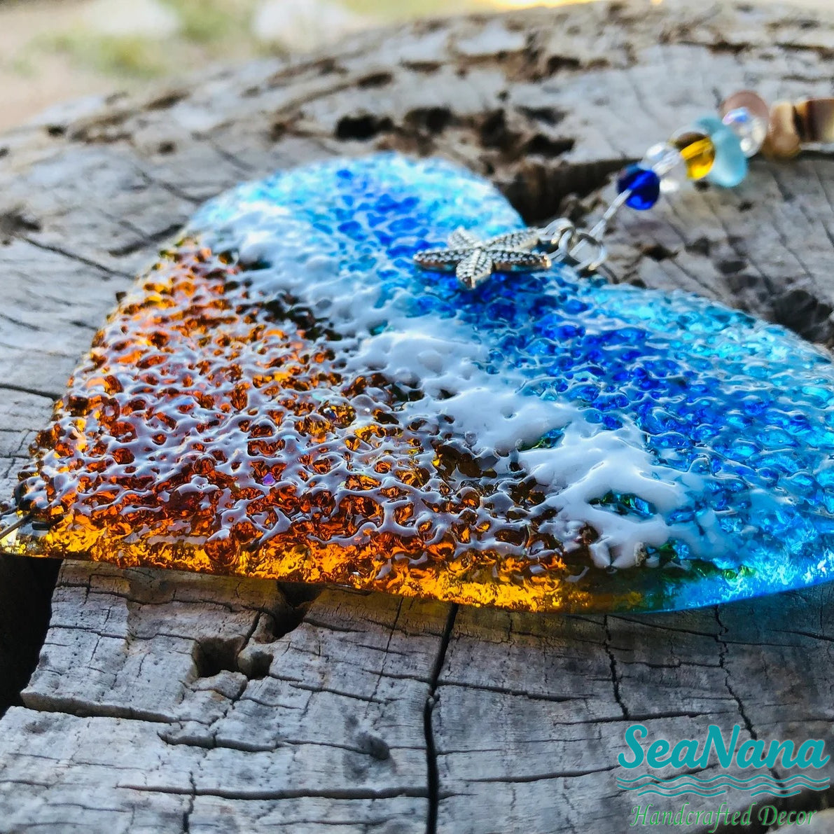 Ocean-Heart-Beach Suncatcher-Turquoise-Starfish-Seashells-Glass-Prism
