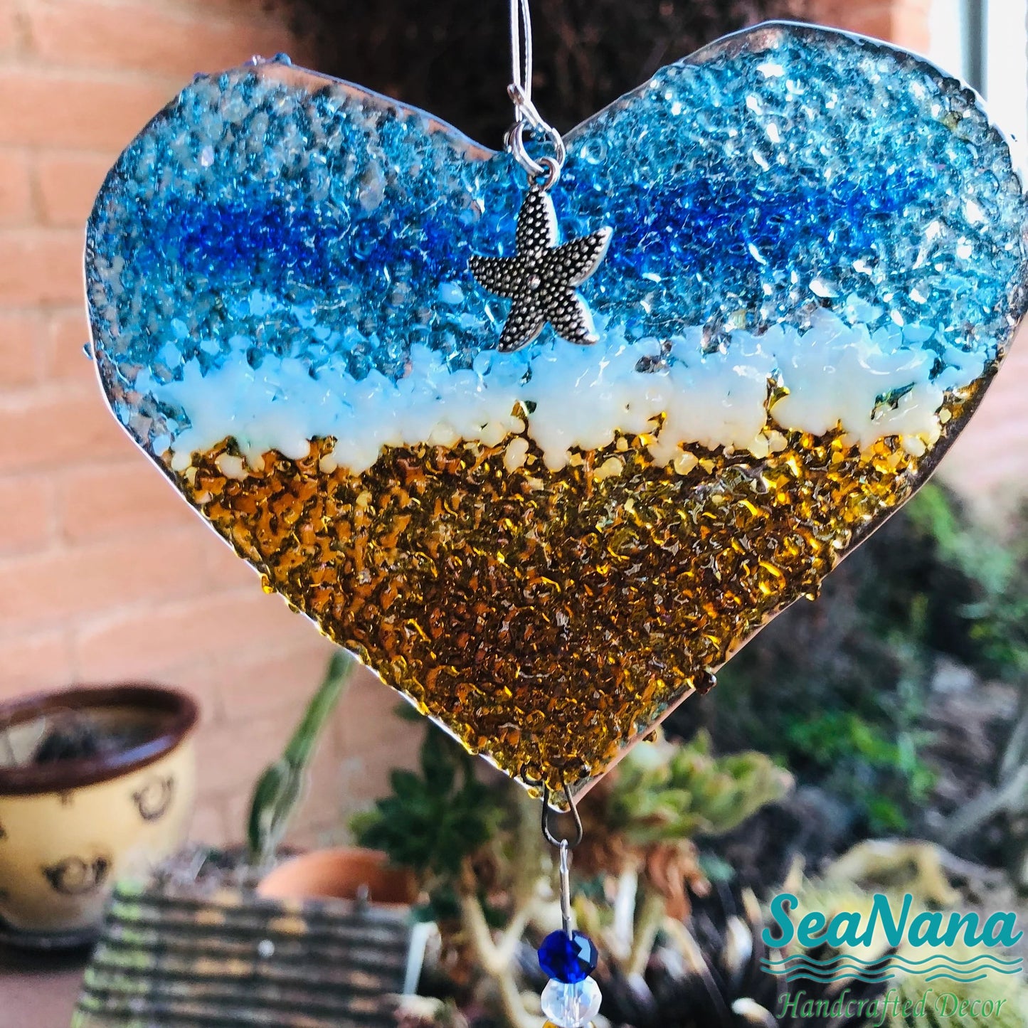 Ocean-Heart-Beach Suncatcher-Turquoise-Starfish-Seashells-Glass-Prism