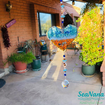 Ocean-Heart-Beach Suncatcher-Turquoise-Starfish-Seashells-Glass-Prism
