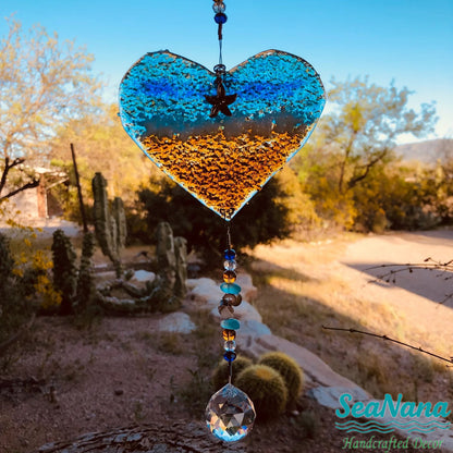 Ocean-Heart-Beach Suncatcher-Turquoise-Starfish-Seashells-Glass-Prism