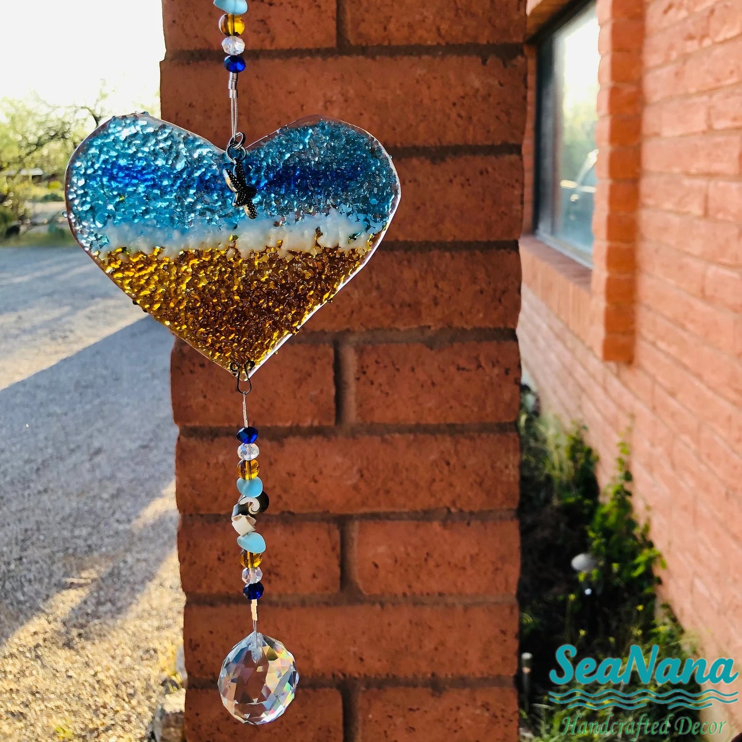 Ocean-Heart-Beach Suncatcher-Turquoise-Starfish-Seashells-Glass-Prism